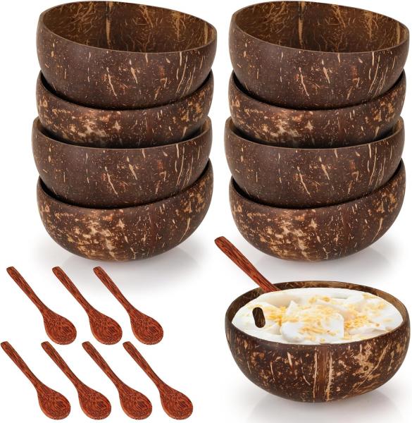 8 Kokosnussschalen aus Naturholz, 350 ml Kokosnussschalen mit 8 Holzlöffeln, polierte Kokosnussschale für veganen Bio-Salat, Milchshake, Obst und Desserts